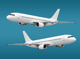 Fototapeta premium White Passenger Jet Plane with Dual Engines Flying Through the Sky Right and left view