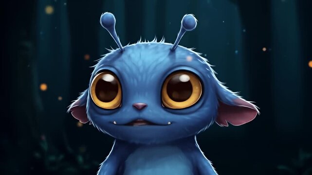 Close-up of an endearing, blue alien creature with large, captivating, golden eyes