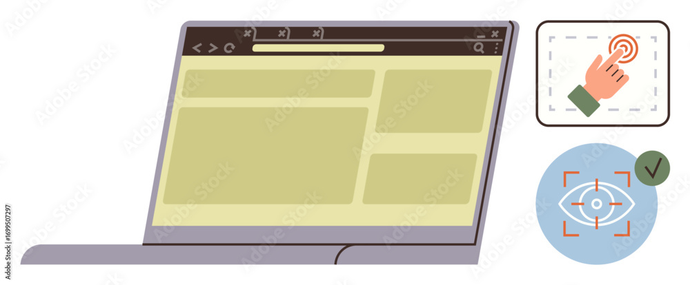 Poster laptop screen displaying webpage with touch interaction icon and eye-tracking symbol. ideal for web 