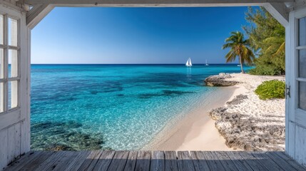 Fototapeta premium Tropical Beach View Through Open Window