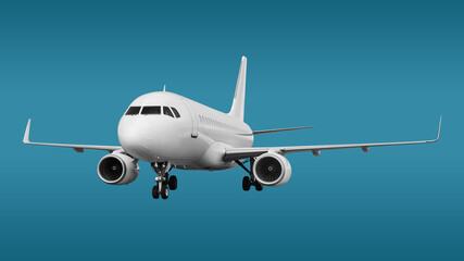 Fototapeta premium White Jet Passenger Plane with Twin Engines and Visible Wheels Front View