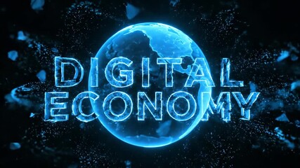 Digital economy with glowing blue globe and shattered text effect symbolizing global transformation, technology innovation, business finance, network connections, orbiting data rings, and dynamic - Powered by Adobe