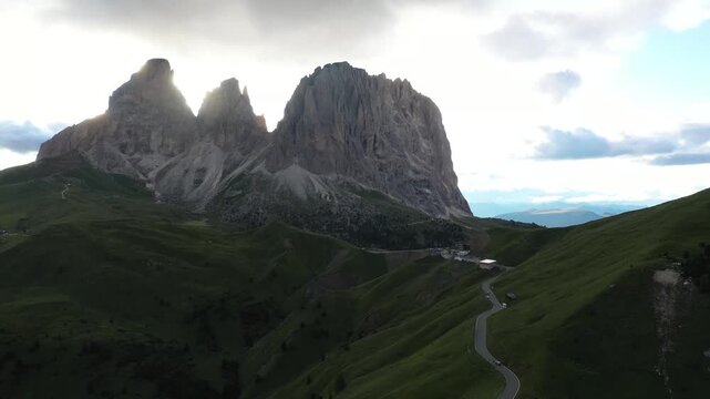 aerial view of dolomite mountains at sella pass in