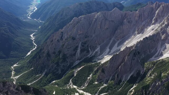 aerial view of dolomite mountains at tre cime