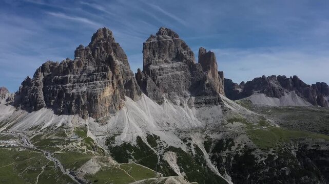 aerial view of dolomite mountains at tre cime