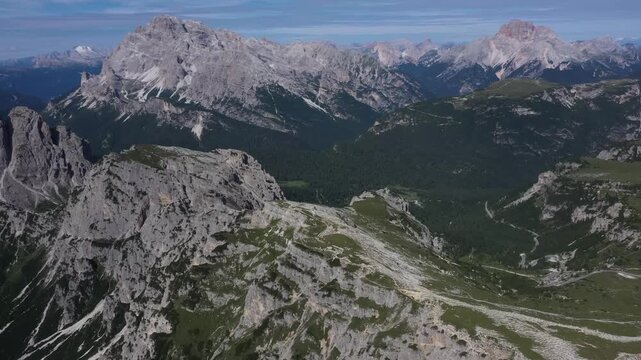aerial view of dolomite mountains at tre cime