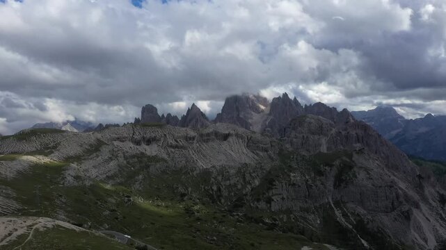 aerial view of dolomite mountains at tre cime
