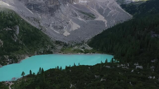 aerial view of sorapis lake in the dolomites