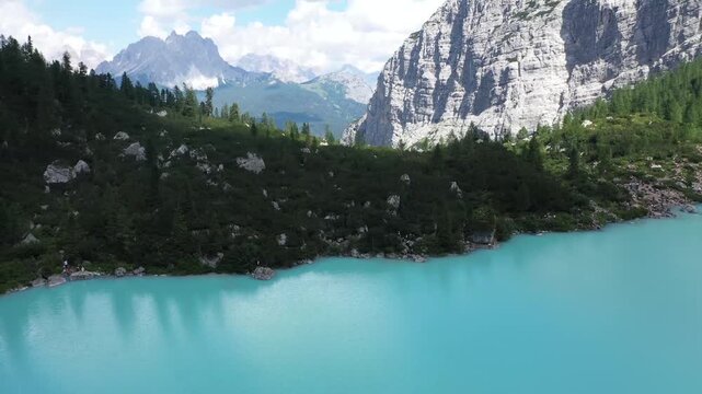 aerial view of sorapis lake in the dolomites