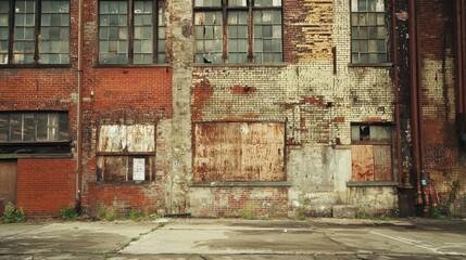 An old, dilapidated brick building with boarded-up windows and peeling paint, set against a backdrop of a cloudy sky.