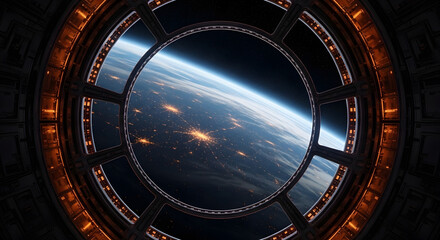 Obraz premium Earth View from Space Station Window Futuristic Space Exploration Background