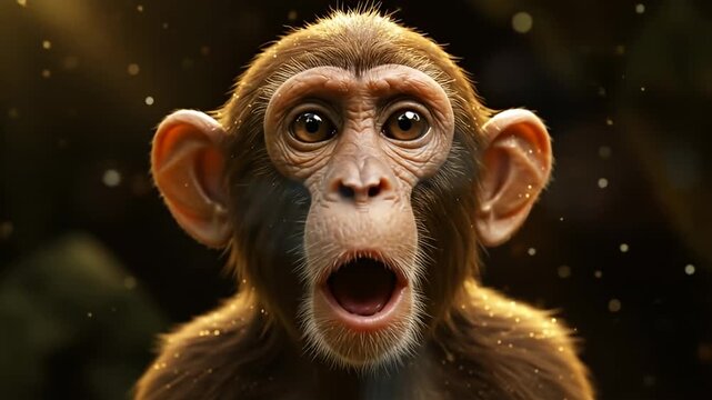 Shocked monkey with wide eyes and open mouth, furry, against a blurred background