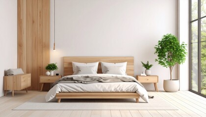 Serene Minimalist Bedroom Design: Modern Wooden Furniture and Natural Light