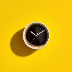 Coffee clock on yellow background. creative idea. minimal concept