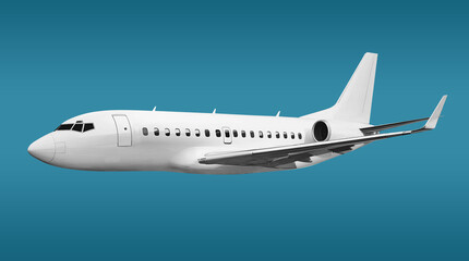 White Passenger Jet Plane with Two Engines Soaring Above the Sky side view