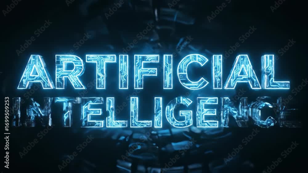 Aufkleber artificial intelligence glowing blue digital text with futuristic circuit technology background clos