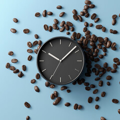 Clock on coffee beans on pastel blue background. 3d rendering
