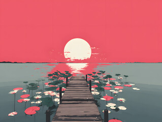 Serene sunset over lake with wooden pier, lotus flowers, and tranquil reflections creates peace.