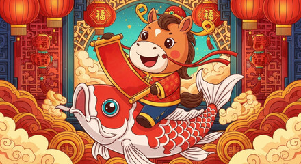 2026 Year of the Horse cartoon image of riding a koi carp