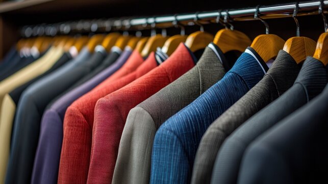 A row of colorful suits hanging on a rack in a closet.