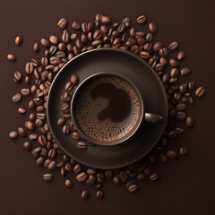 Coffee cup with beans on dark brown background. 3d rendering