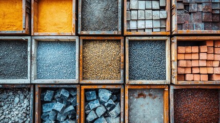 A collection of colorful, textured, and varied materials arranged in a grid-like pattern.