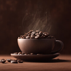 Coffee cup with beans on dark brown background. 3d rendering