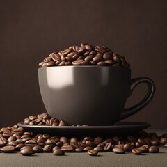 Coffee cup with beans on dark brown background. 3d rendering
