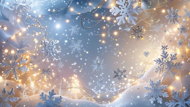 Festive winter scene with snowflakes fairy lights and holiday celebration atmosphere