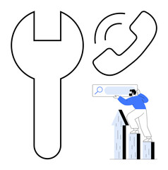 Wrench, phone receiver, person scaling bar graph, spotlighting technical support, communication, and search. Ideal for service, growth, strategy troubleshooting maintenance entrepreneurship
