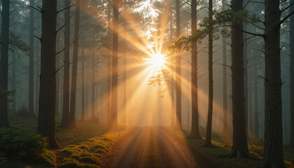 Majestic sunrise breaking through foggy forest with sun rays shining on a pathway
