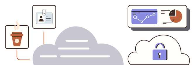 Cloud with bar charts, locked cloud, ID card, and coffee cup symbolizing security, productivity, and connectivity. Ideal for technology, analytics, cybersecurity cloud computing work tools online