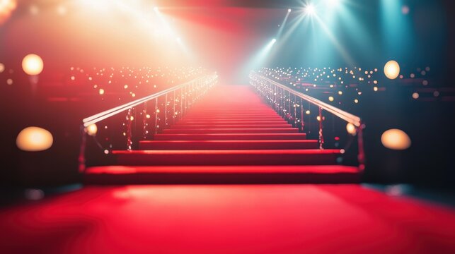 A red carpet leading to a stage with a spotlight shining through the center.