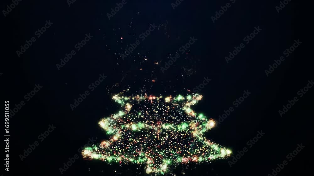 Poster Abstract glowing particles forming Christmas tree shape in slow motion with sparkling festive light effects creating magical atmosphere and vibrant particle sparkle light display