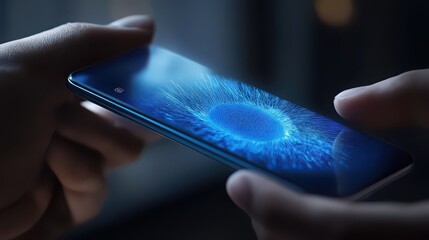Hands holding a smartphone displaying a blue abstract design with a central circular shape on the screen