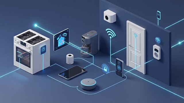 Isometric illustration of a smart home setup with connected appliances and devices on blue