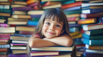 A young girl with long brown hair, wearing a pink shirt, is leaning on a stack of colorful books. The background is filled with a variety