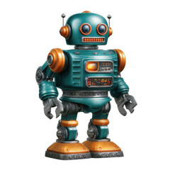 Vintage teal and brass robot isolated on transparent background