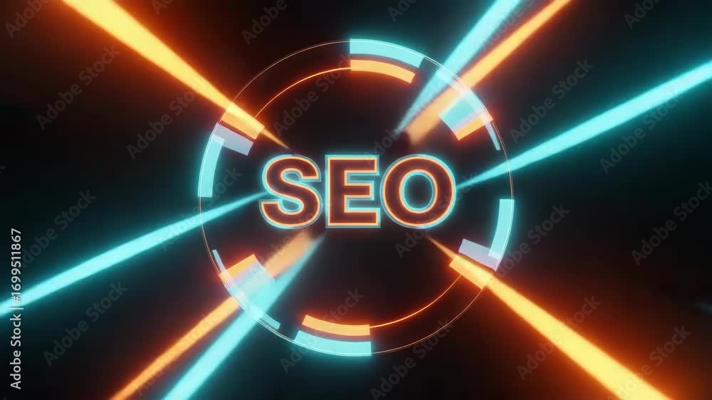 Poster search engine optimization graphic with luminous orange and blue beams converging. search engine opt