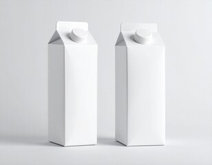 Two blank white milk or juice cartons with screw caps standing on a light background. Packaging mockup template for branding design and advertising