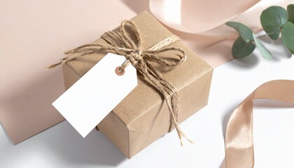 Elegant and rustic gift box wrapped in brown kraft paper with a natural twine bow and a blank tag for a personalized message on a soft, neutral background