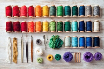 Vibrant collection of sewing threads arranged neatly with tools on a wooden surface