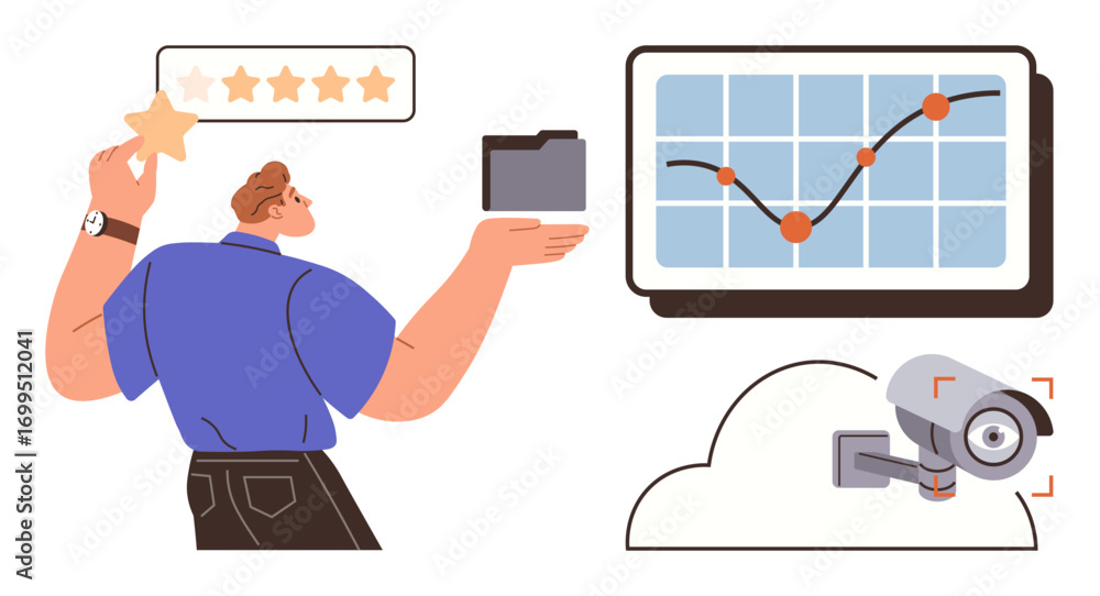 Poster man holding file and star, analyzing performance chart trends. cloud-linked security camera. ideal f