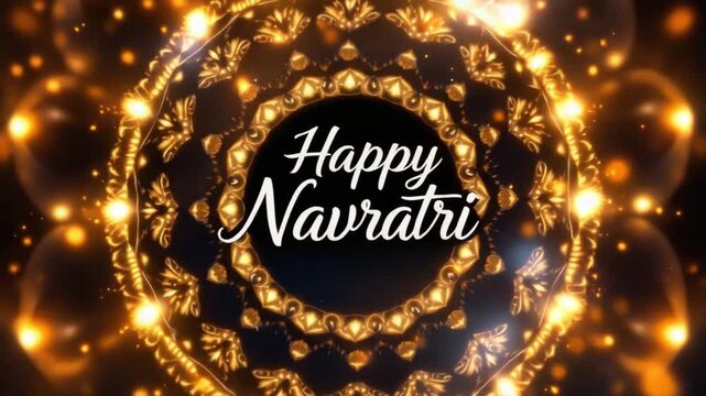 Festive Happy Navratri greeting card with golden lights and decorations on a dark background