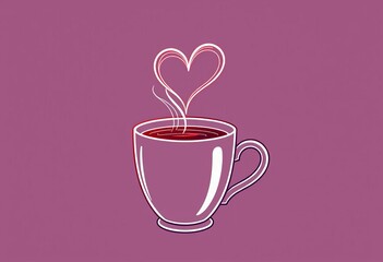 Continuous line art drawing of hot coffee cup with heart-shaped steam  ,  cozy,  artwork