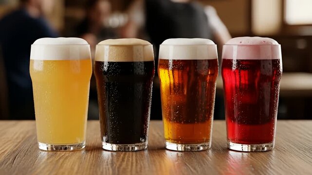 Four pint glasses filled with different colored beers, sitting on a wooden table