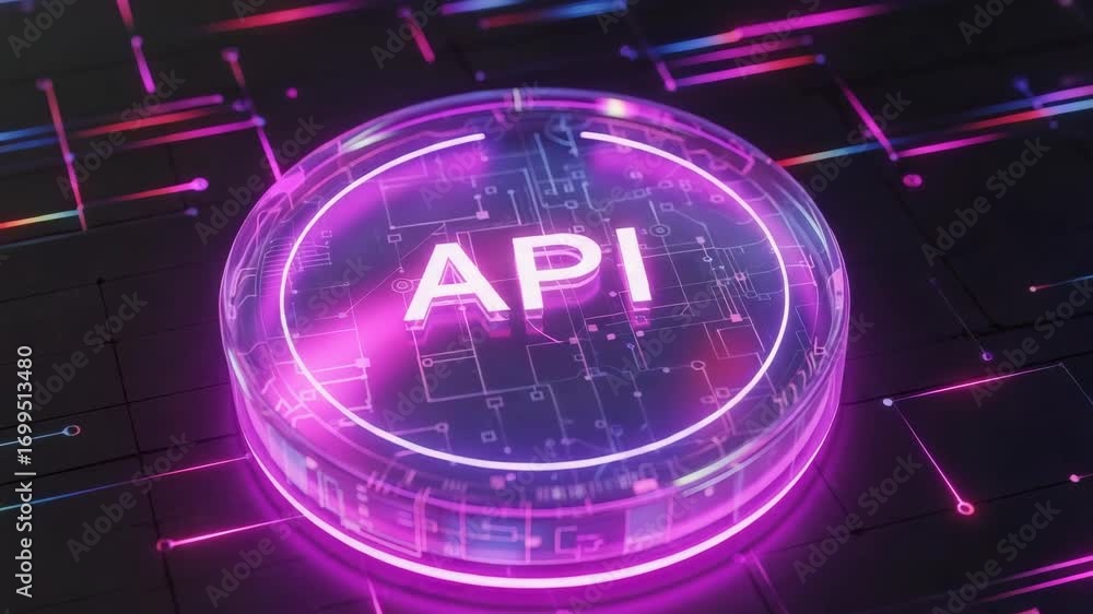 Poster holographic api button glowing above a circuit board illustrates modern application programming. hol