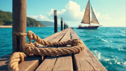 Obraz premium Tranquil Ocean Pier with Red Sailboat Sailing in Turquoise Water Scenic Seascape with Wooden Planks and Blue Sky