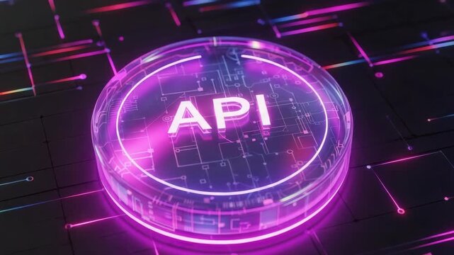 Holographic API button glowing above a circuit board illustrates modern application programming. Holographic API for software development is essential in contemporary IT sphere.