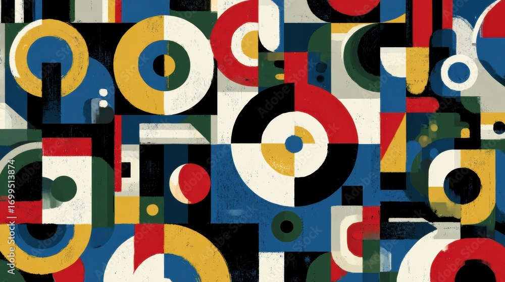 Poster colorful geometric abstract design featuring circles and squares in various colors and arrangements 